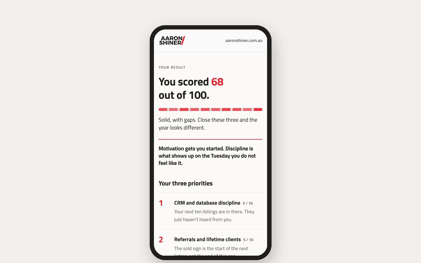 The Skills Audit result on a phone: a score out of 100 and three priorities