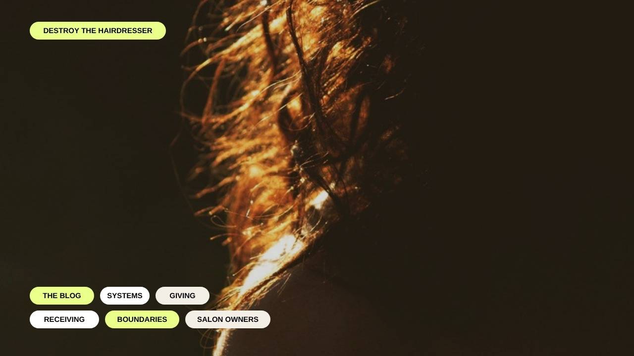 Blog banner with keyword labels for systems, giving and receiving, boundaries and salon owners over golden strands of hair