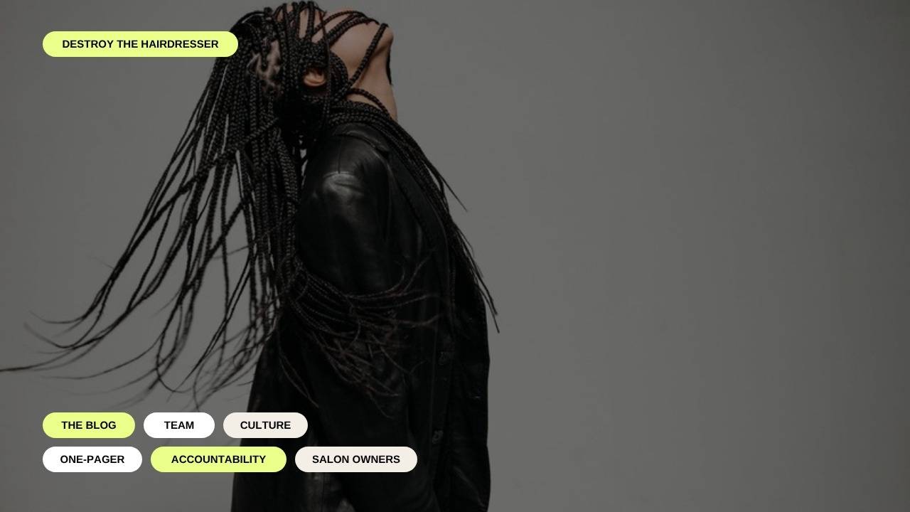 Blog banner with keyword labels for culture, one-pager, accountability and salon owners over long black braids on a grey background