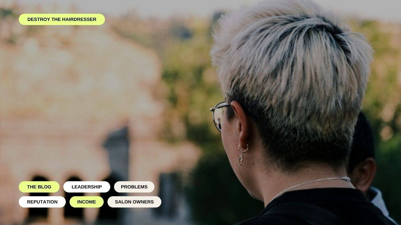 Blog banner with keyword labels for leadership, problems, reputation and income over short platinum hair seen from behind