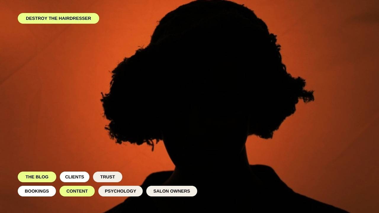 Blog banner with keyword labels for clients, trust, bookings and psychology over an orange silhouette of a stylist