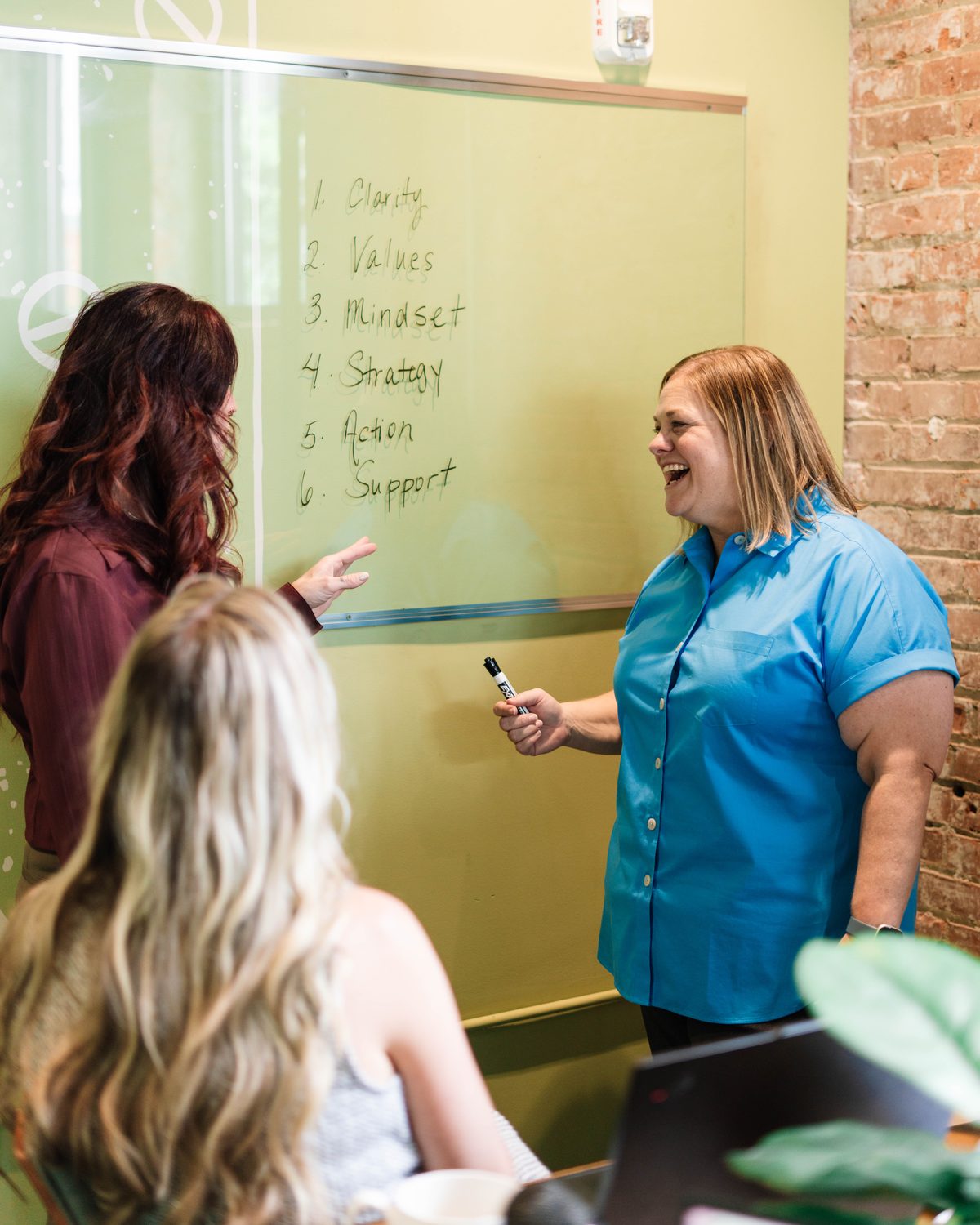 Women working through a planning framework on a whiteboard