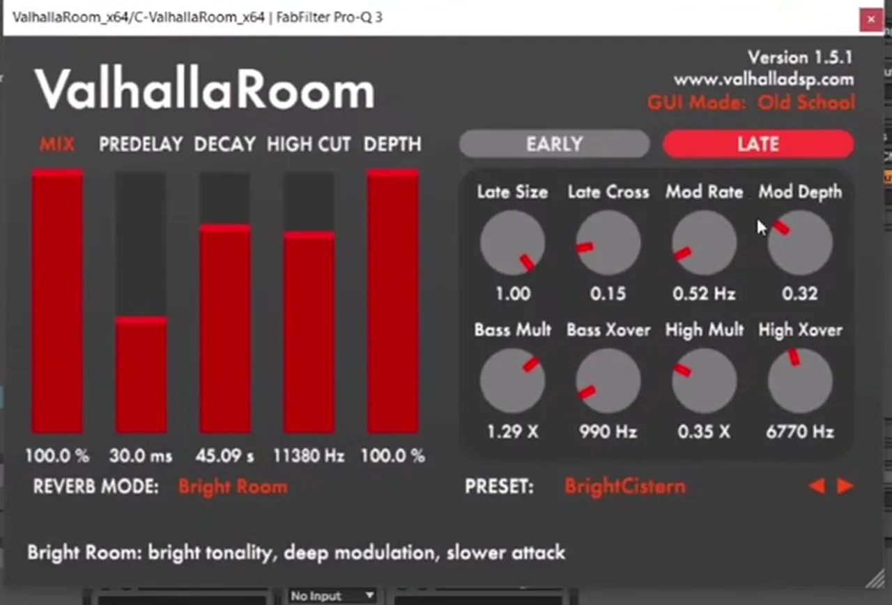 ValhallaRoom on a return track with the BrightCistern preset in Bright Room mode for a deep minimal DnB bass