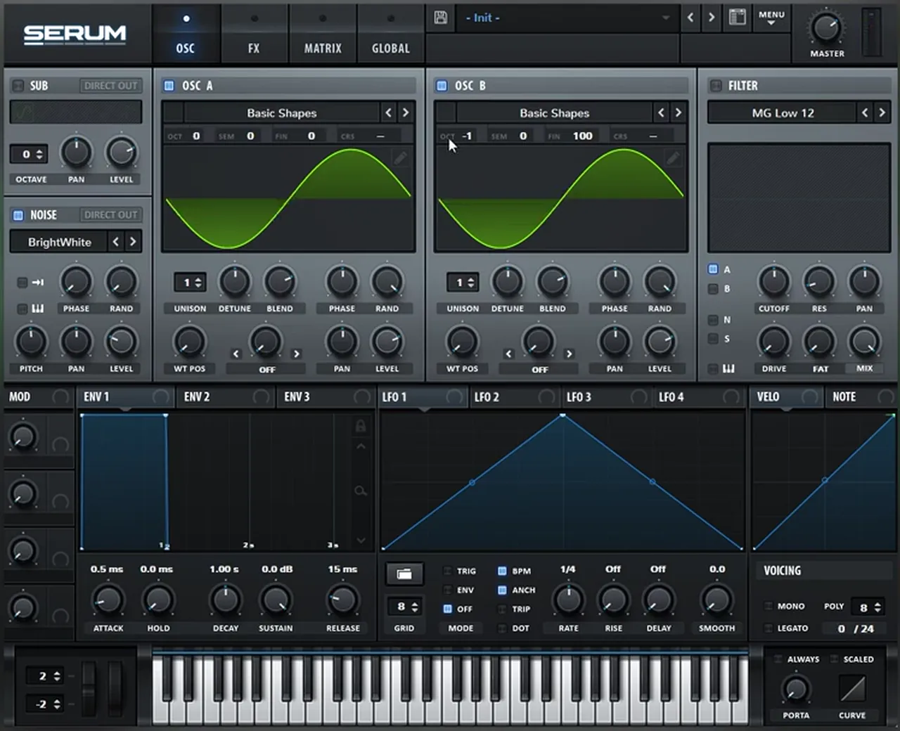 Serum with a second sine on oscillator B, one octave down and fine-tuned to 100, detuned against oscillator A to vary the noise hit