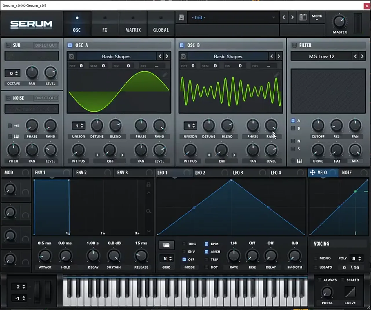 Serum second patch for a bass like Bou Poison: oscillator B with hand-picked harmonics and its level turned down to tame the distortion
