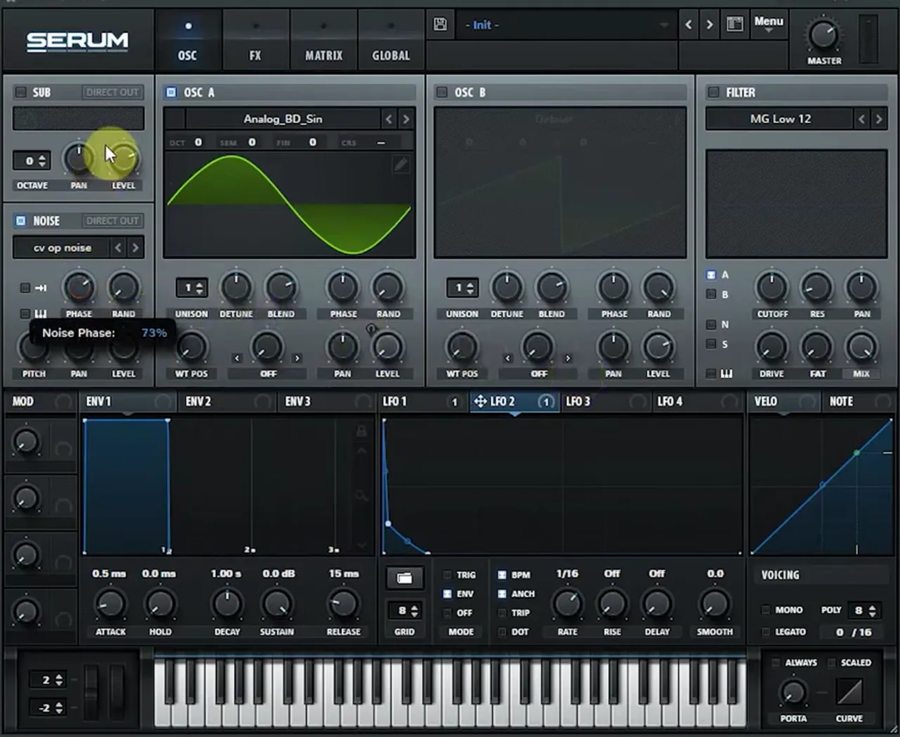 Serum DnB snare: noise oscillator on with a stereo noise and noise phase at 73%, LFO 2 at 1/16 as a fast pitch envelope
