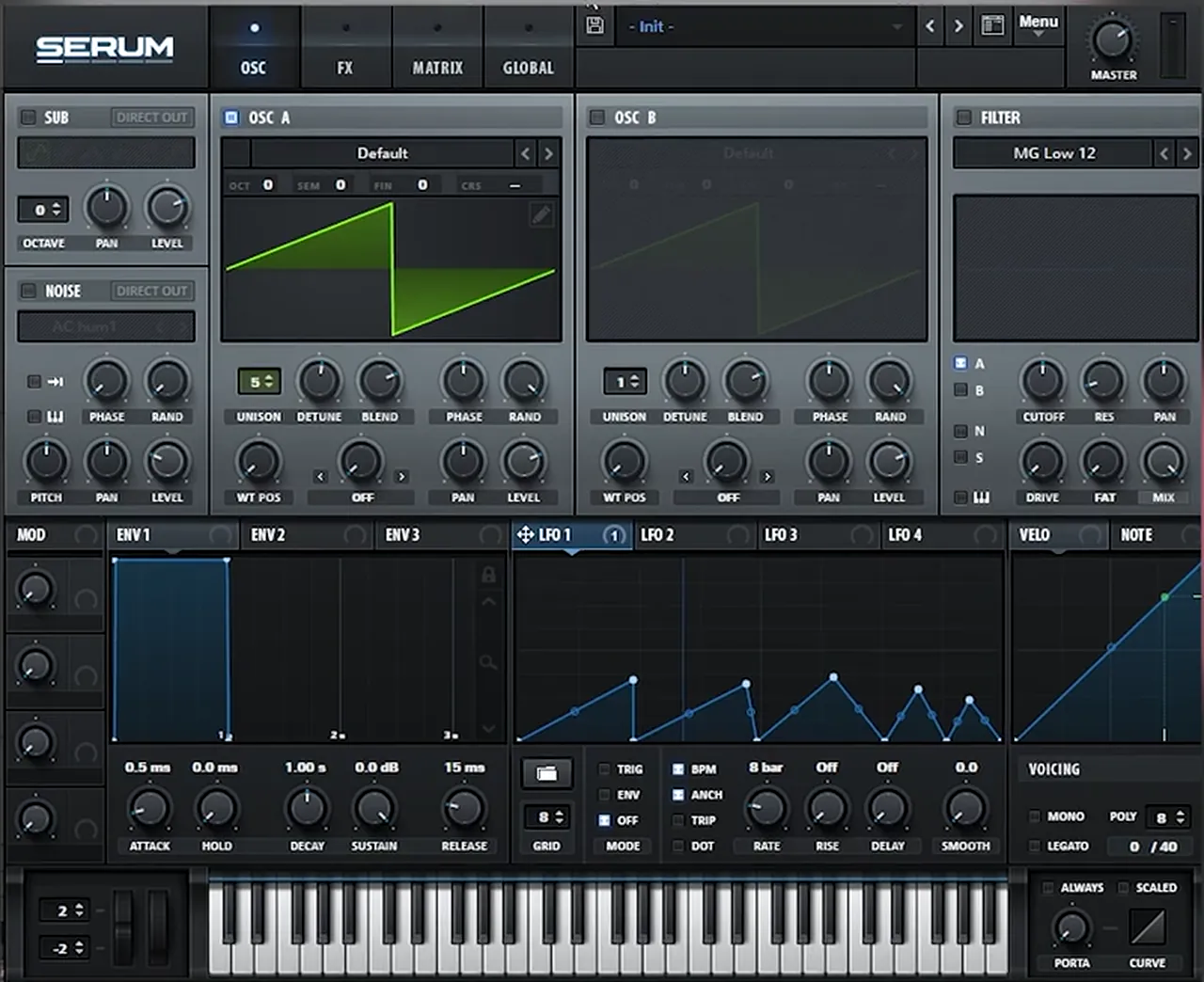 Serum main bass like Monrroe’s Out of Time: default saw in oscillator A with unison 5, main filter off, LFO 1 at 8 bars with a hand-drawn shape