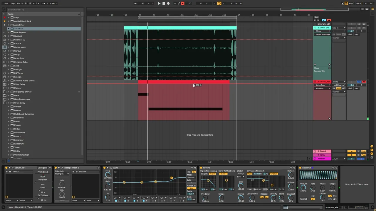 Ableton Live device chain for a foghorn bass like Skantia Clapper: Serum, Trash 2, EQ Eight, Reverb and Auto Pan with its amount automated