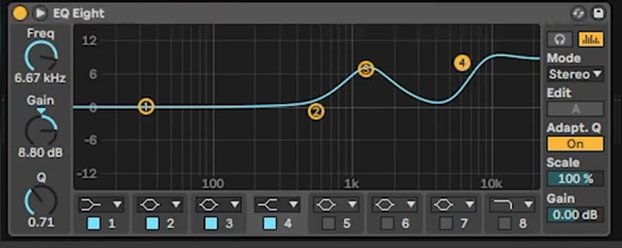 Ableton EQ Eight after a dancefloor DnB lead: a boost near 1 kHz and a high shelf at 6.67 kHz with 8.80 dB gain