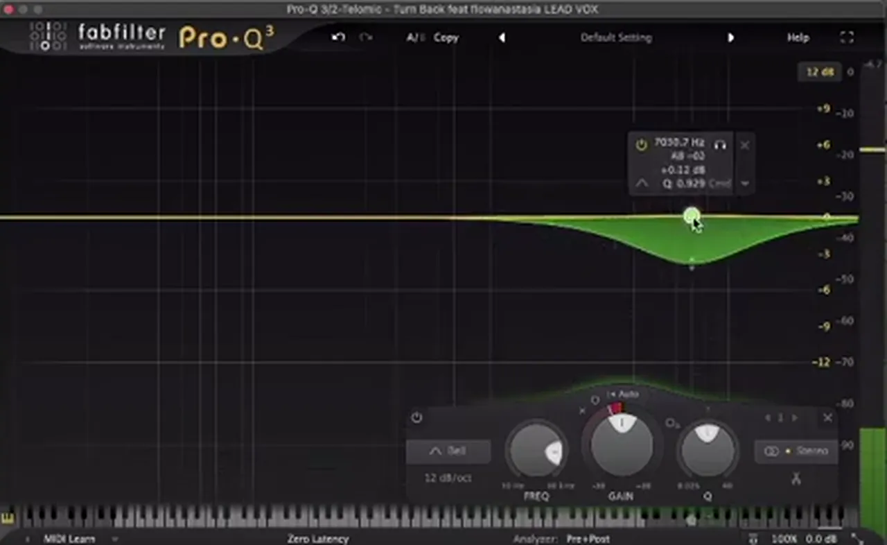 FabFilter Pro-Q 3 dynamic EQ band around 7 kHz taming the harsh highs on a DnB vocal