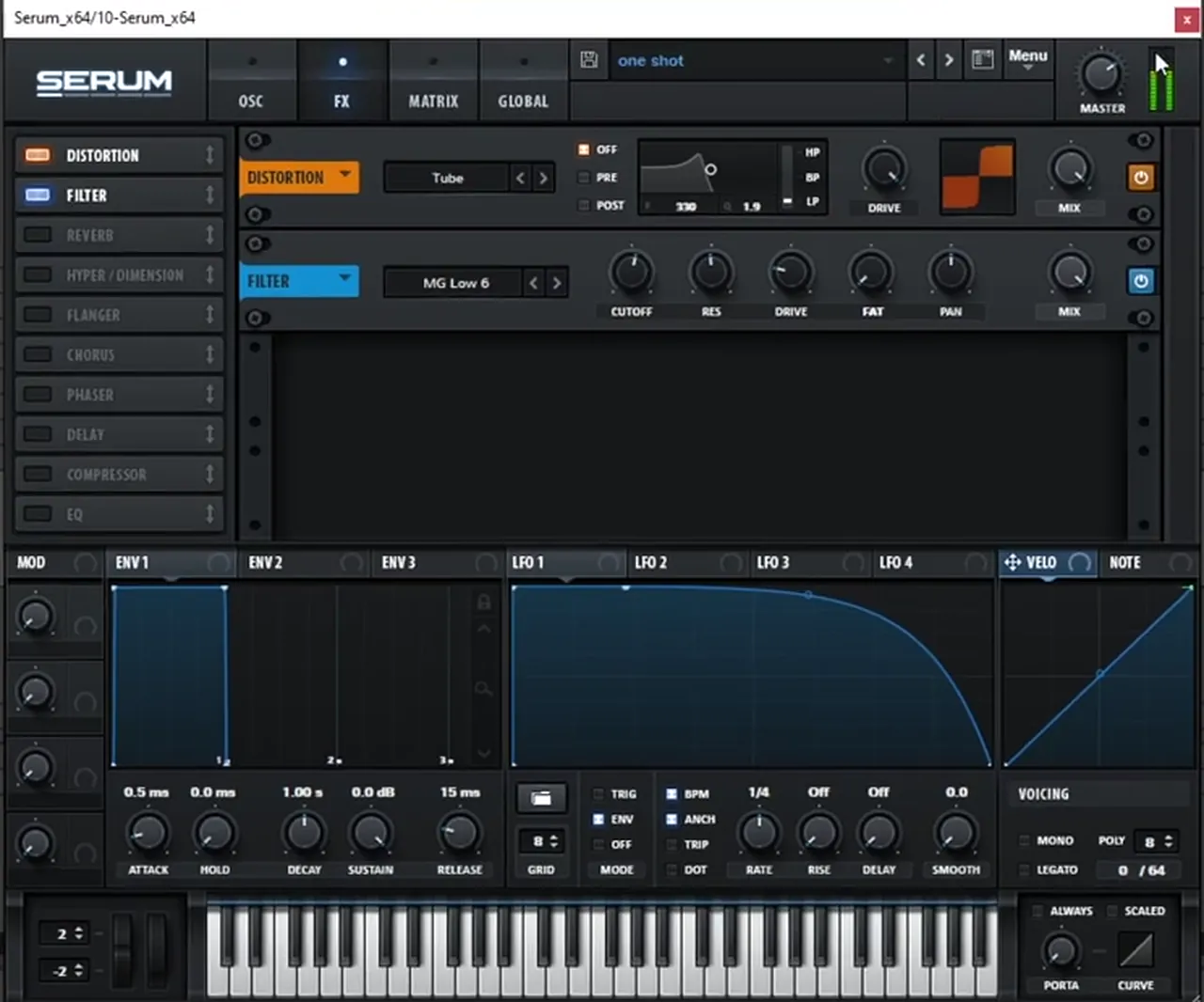 Serum FX rack for a techy DnB bass: Tube distortion with the drive turned up, followed by an MG Low 6 low-pass filter