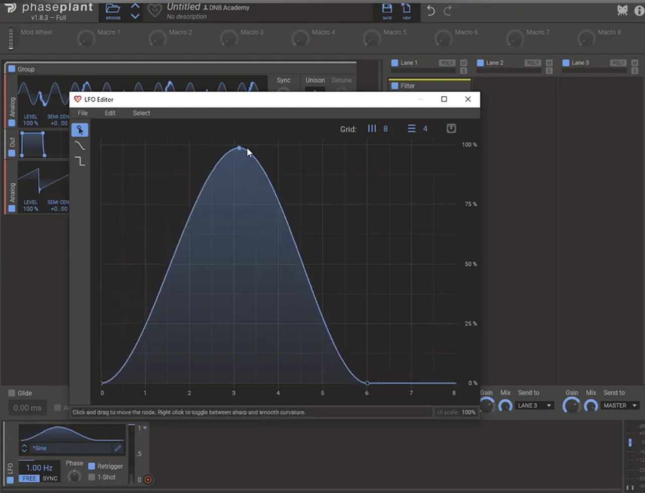 Phase Plant LFO editor with a unipolar bell-shaped curve used to move the filter cutoff on a deep minimal bass like Alix Perez