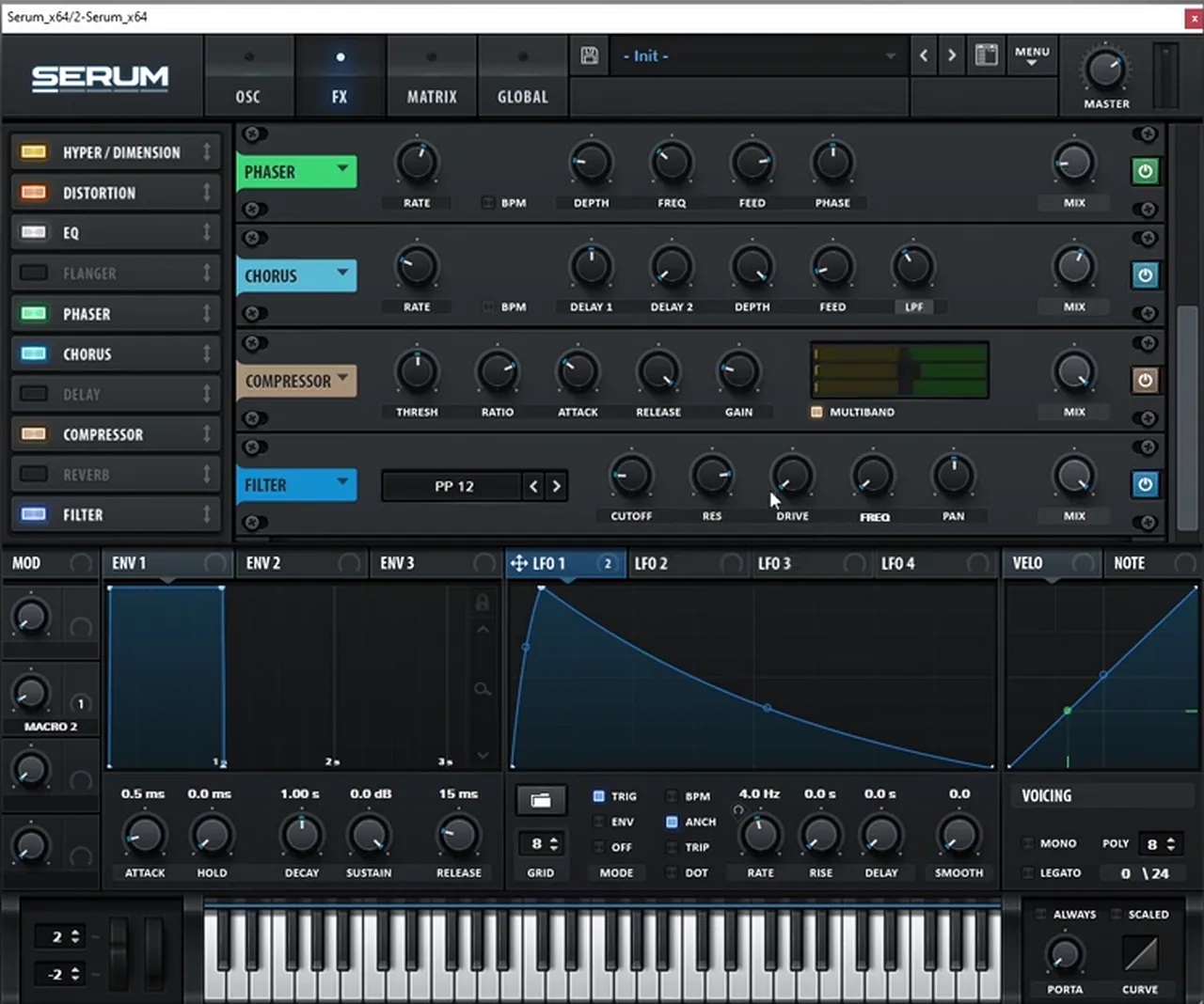 Serum FX tab further down the chain: Phaser, Chorus, Compressor in Multiband mode and the FX Filter set to PP 12 double-peak