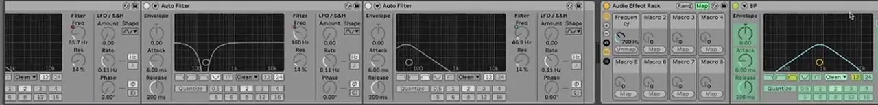 Ableton Live device chain taming a liquid DnB filler bass: three Auto Filters set to band-pass, notch and band-pass, then an Audio Effect Rack with a band-pass mapped to a macro