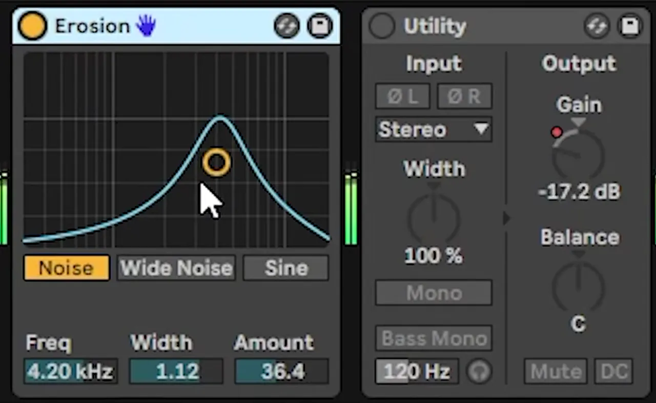 Ableton Live Erosion in Noise mode and a Utility with automated gain after a Serum bass, making the sound fade like a one-shot