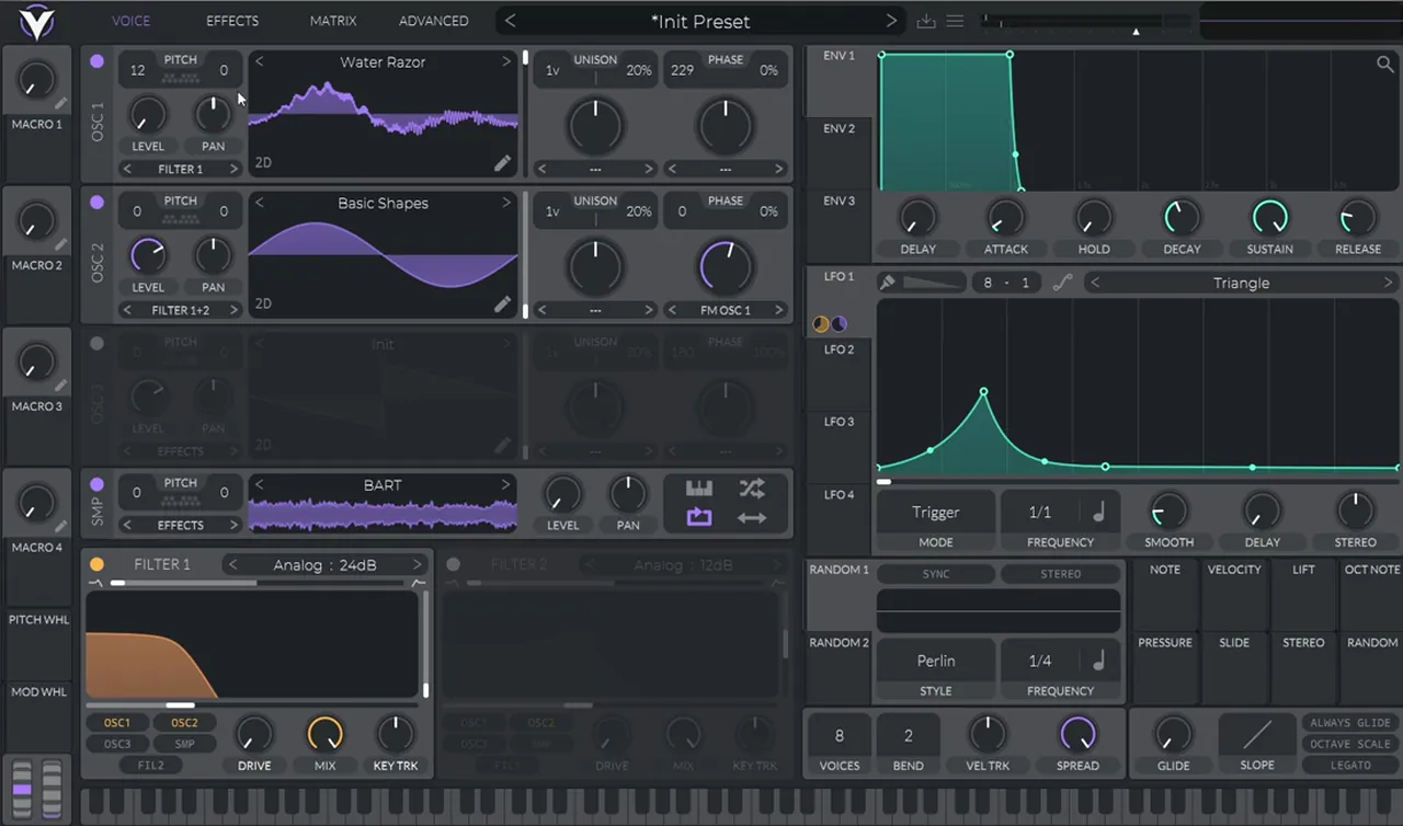 Vital LFO 1 in Trigger mode at 1/1 with a curved peak shape, mapped to the Analog 24dB filter cutoff and the noise sample level of a Mefjus-style bass