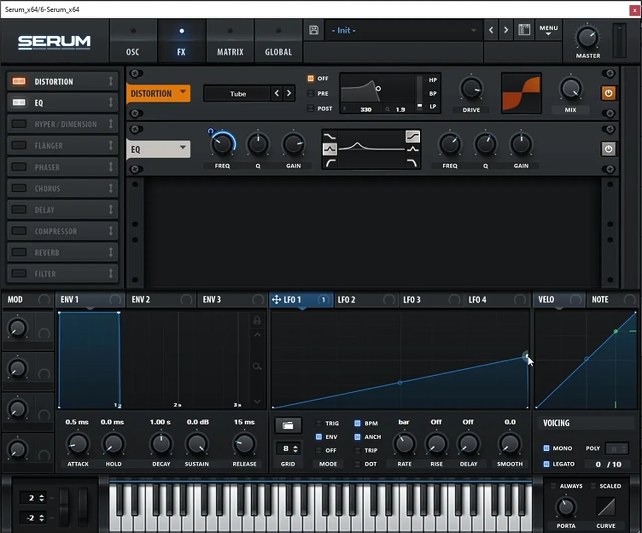 Serum FX rack with Tube distortion and an EQ peak whose frequency is moved by LFO 1 in envelope mode