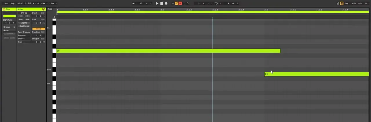 Ableton piano roll with two overlapping bass notes, G then D, so Serum's legato portamento glides between them