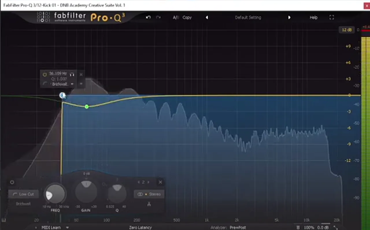 FabFilter Pro-Q 3 on a DnB kick with a brickwall low cut at about 36 Hz after drum bus saturation