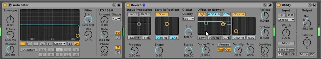 Ableton device chain with Auto Filter, Reverb and Utility on the neuro bass track