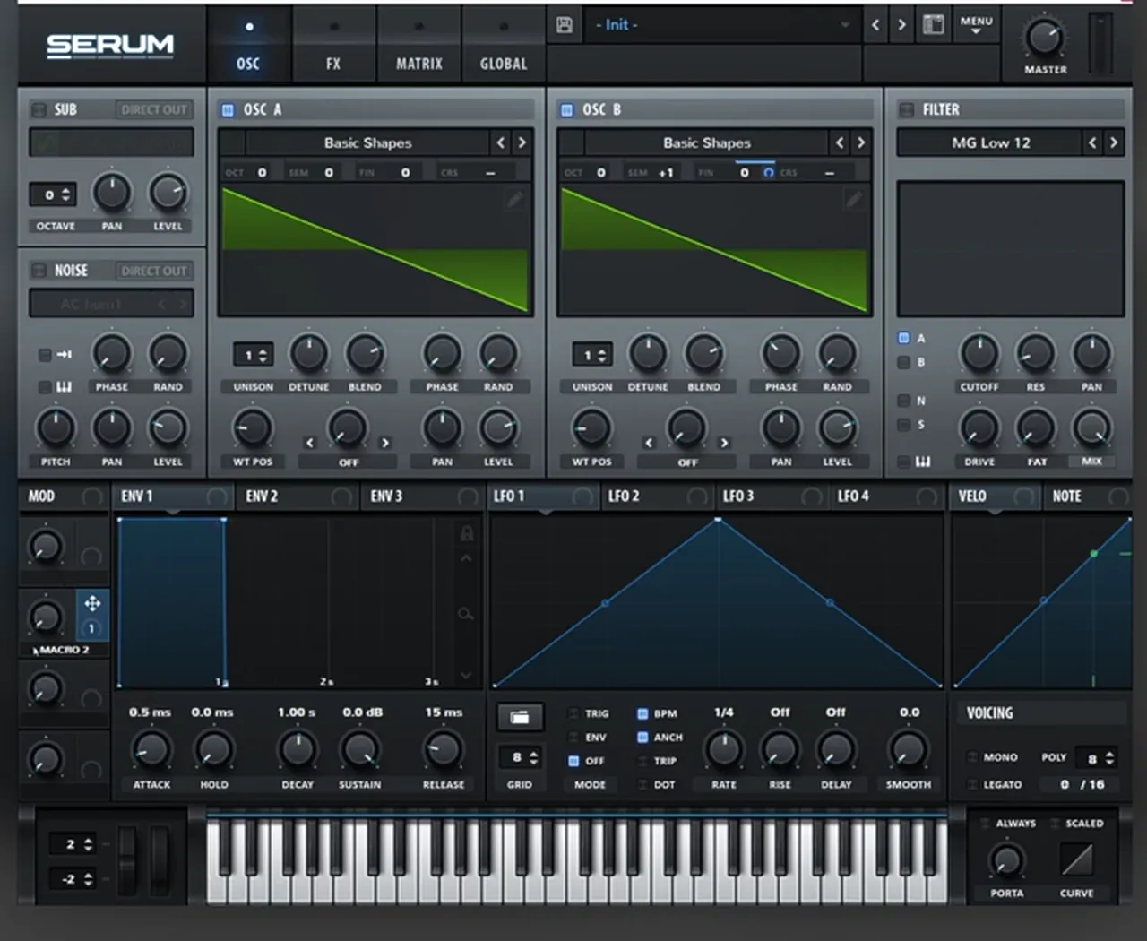 Serum oscillators for a Mefjus style reese: two saw waves on Basic Shapes with Macro 2 mapped to the detune of oscillator B