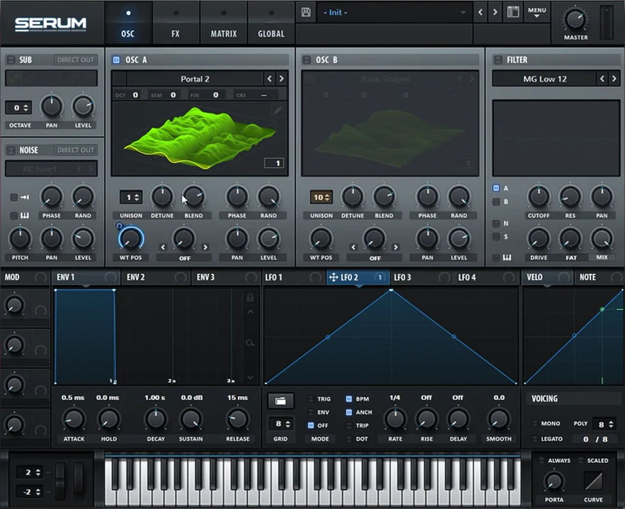 Serum oscillator A with the resampled FM wavetable loaded and LFO 2 mapped to the wavetable position for a moving deep minimal drum and bass filler bass