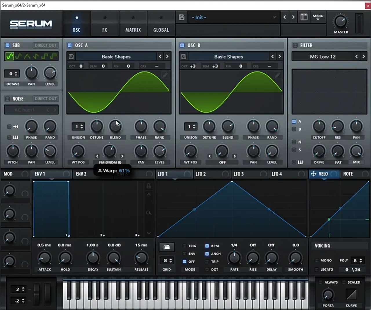 Serum oscillator page: sine waves on the sub, oscillator A and oscillator B, oscillator B set to octave +3 and semitone +3, oscillator A in FM (from B) mode at 61 percent