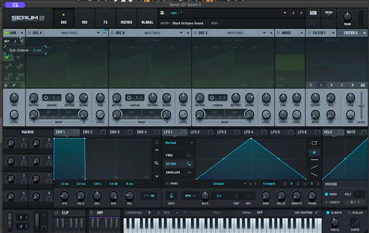 Serum 2 init patch with the sub oscillator enabled at -2 octaves and mono on, for doubling a drum and bass sine sub with an octave