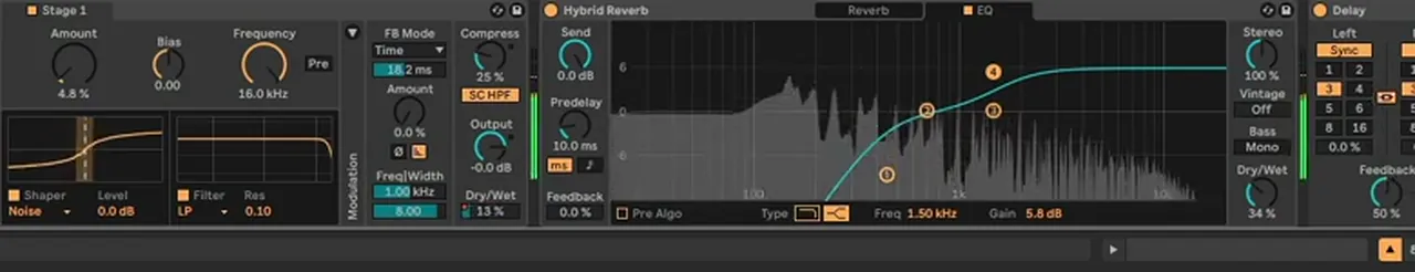 Ableton Roar with a noise shaper, Hybrid Reverb with its EQ cutting the low end and a synced Delay on liquid DnB chords