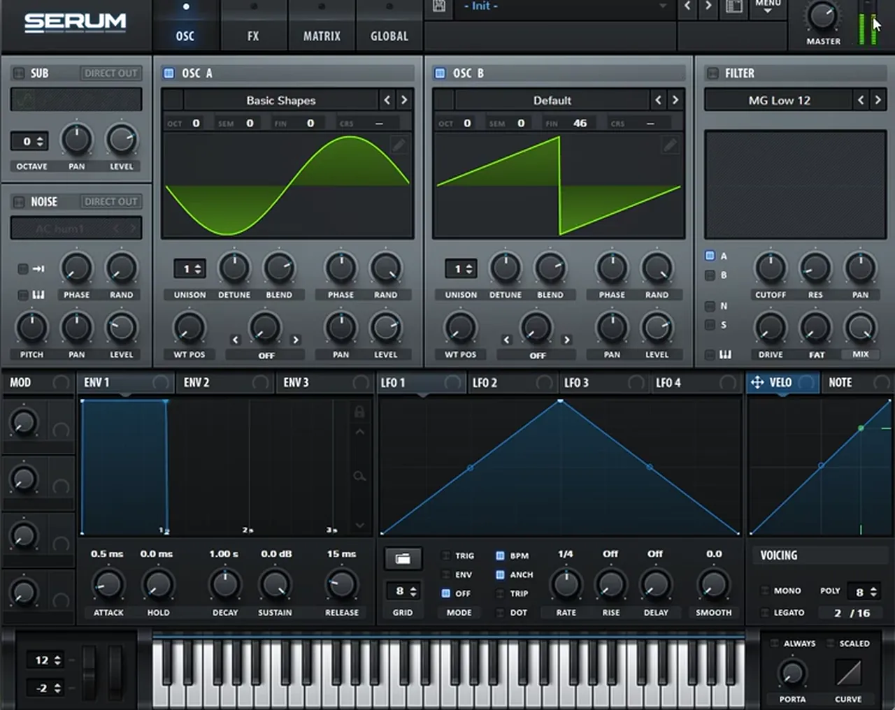 Serum oscillators for a Kove style reese: a sine wave on oscillator A and a saw on oscillator B fine tuned to plus 46 cents