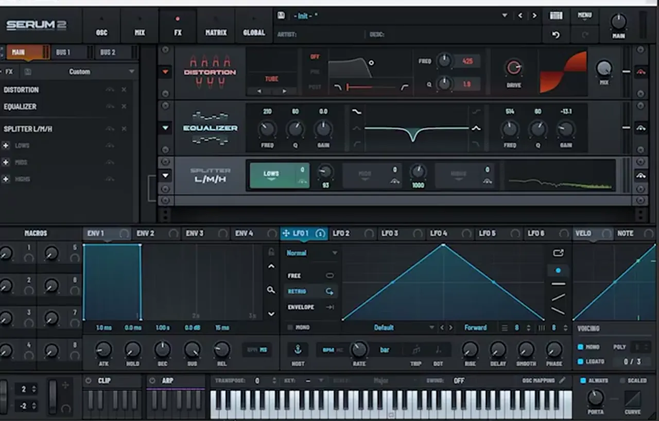 Serum 2 FX rack with Tube distortion, an EQ notch at 514 Hz and the Splitter L/M/H effect with crossovers at 93 Hz and 1000 Hz