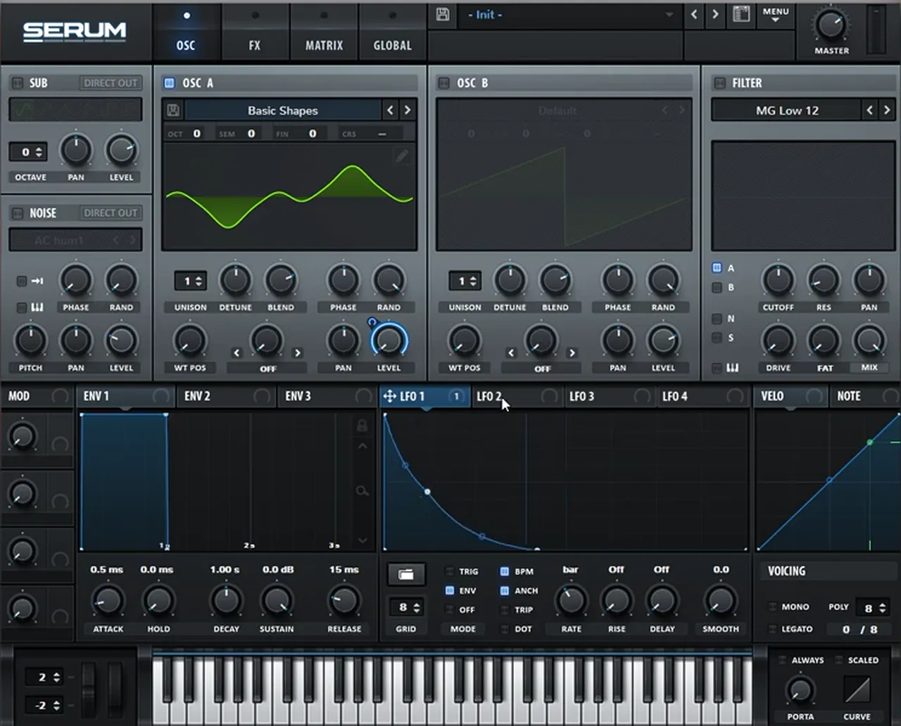 Serum LFO 1 in envelope mode with a falling curve modulating Oscillator A level, rate set to one bar, for a deep minimal DnB bass stab