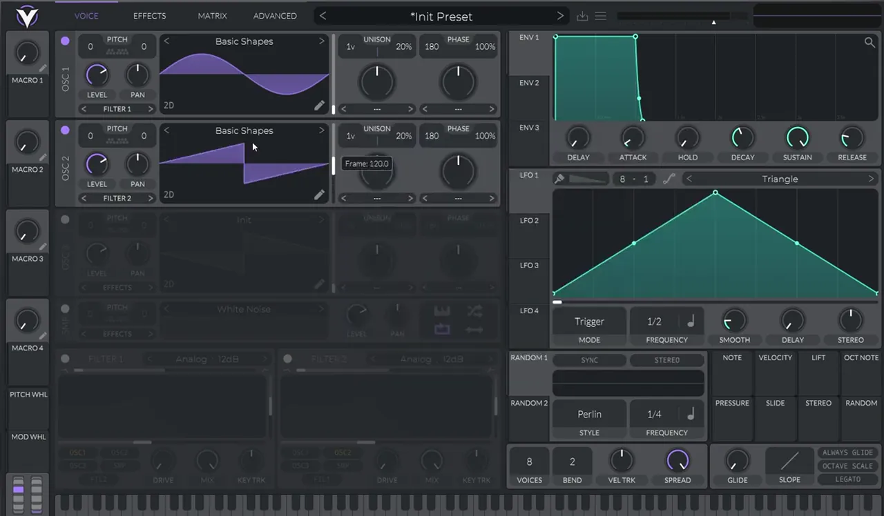 Vital oscillator 1 with a Basic Shapes sine and oscillator 2 with a Basic Shapes saw, the start of a deep bass like Skeptical Desire