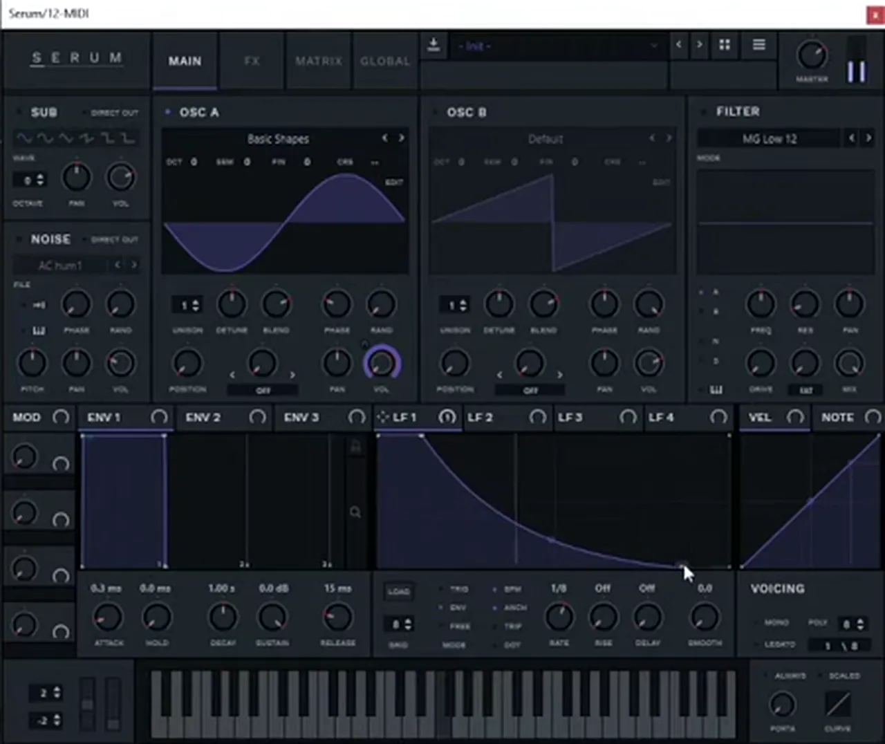 Serum drum and bass kick: envelope attack at 0.3 ms and LFO 1 in envelope mode at 1/8 drawn as a decaying volume shape
