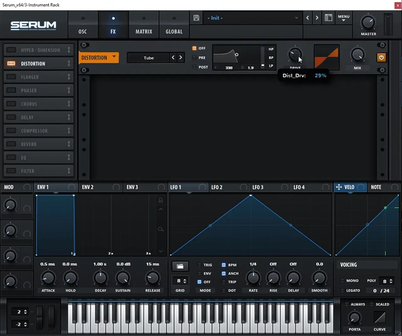 Serum FX page with Distortion on Tube mode and the drive at 29 percent, distorting the oscillator, sub and noise layers of a Nagow-style foghorn bass