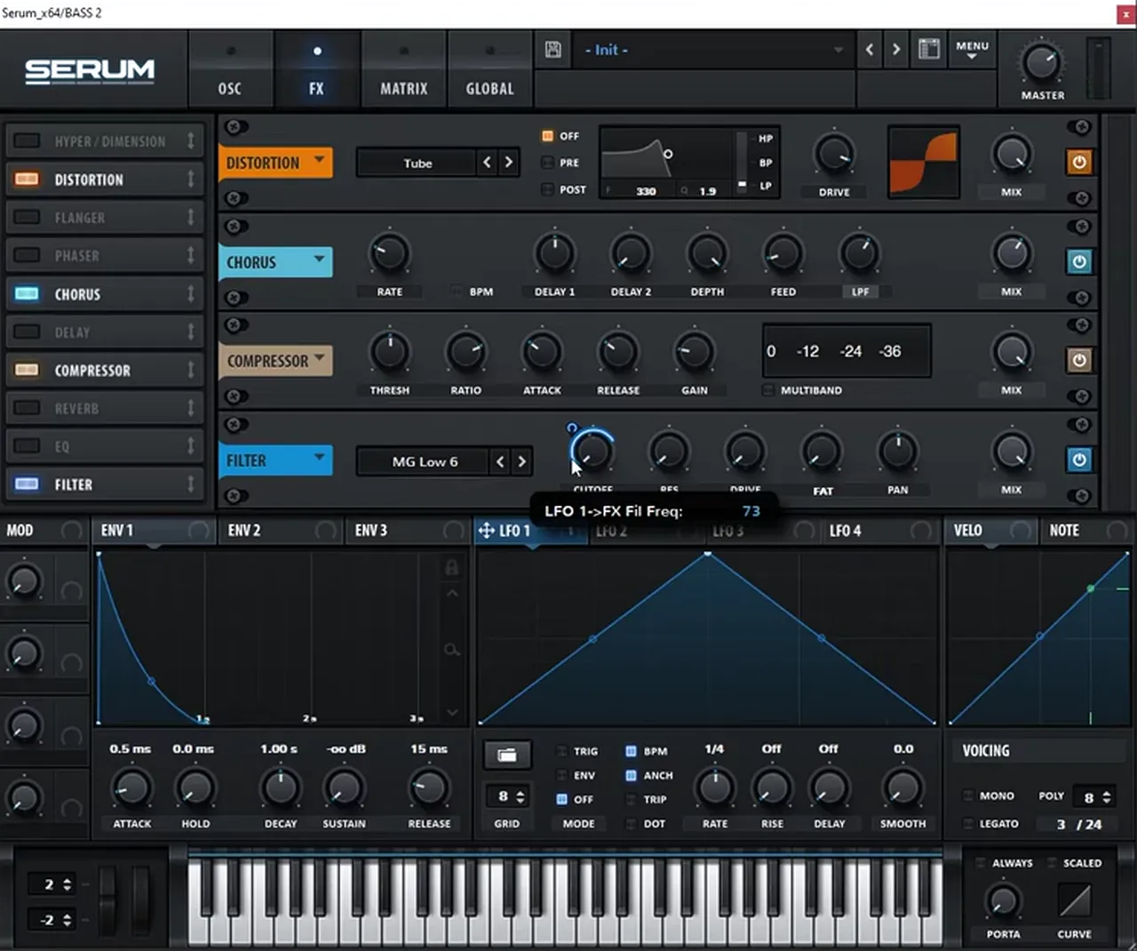 Serum FX rack for a fluttery DnB bass: Tube distortion, chorus, compressor and an MG Low 6 filter with LFO 1 on the cutoff, LFO rate 7.7 Hz with BPM off