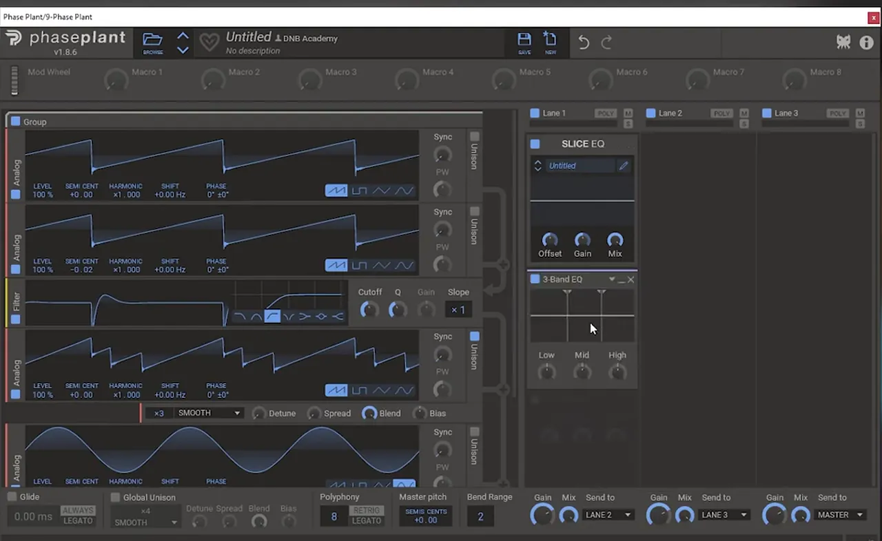 Phase Plant harmonics layer for a bass like Mefjus Hear Me: two saws, one detuned by -0.02, a filter, a saw with 3 unison voices and a sine, into Slice EQ and 3-Band EQ