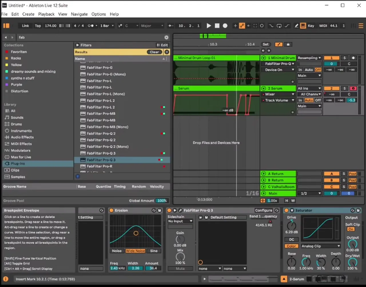 Ableton Live Track Volume automation drawn as dips under each kick on a deep minimal bass track, as a manual sidechain