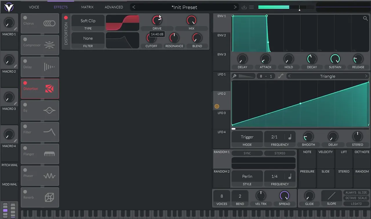 Vital soft clip distortion with drive at 14.40 dB on a minimal DnB bass