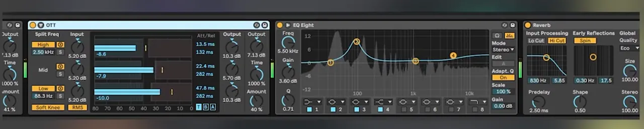 Post processing chain in the DAW after Vital: OTT, EQ Eight with a low boost and reverb on a neuro bass