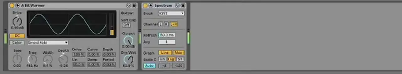 Ableton Saturator preset A Bit Warmer on a DnB bass group: Sinoid Fold, drive 6.19 dB, dry/wet 61.9 percent, followed by Spectrum