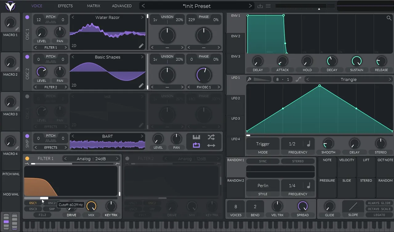 Vital sampler loaded with a noise sample and filter 1 set to Analog 24dB for a Mefjus-style FM bass, with oscillator 1 and 2 routed into the filter