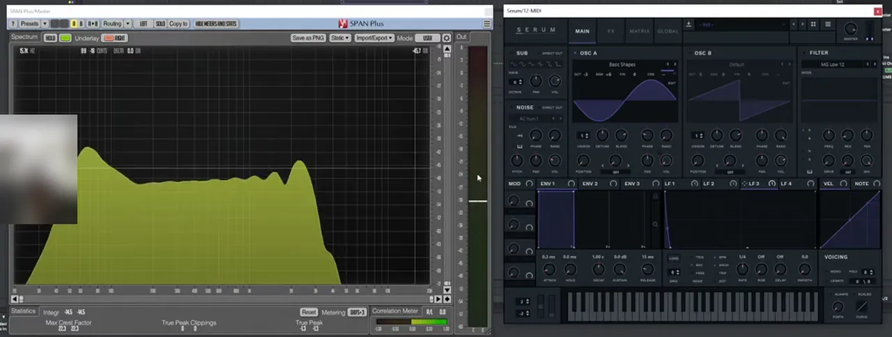 SPAN Plus analyser next to Serum showing a drum and bass kick with a raised snap area around 3 kHz from a narrow pitch envelope on LFO 3