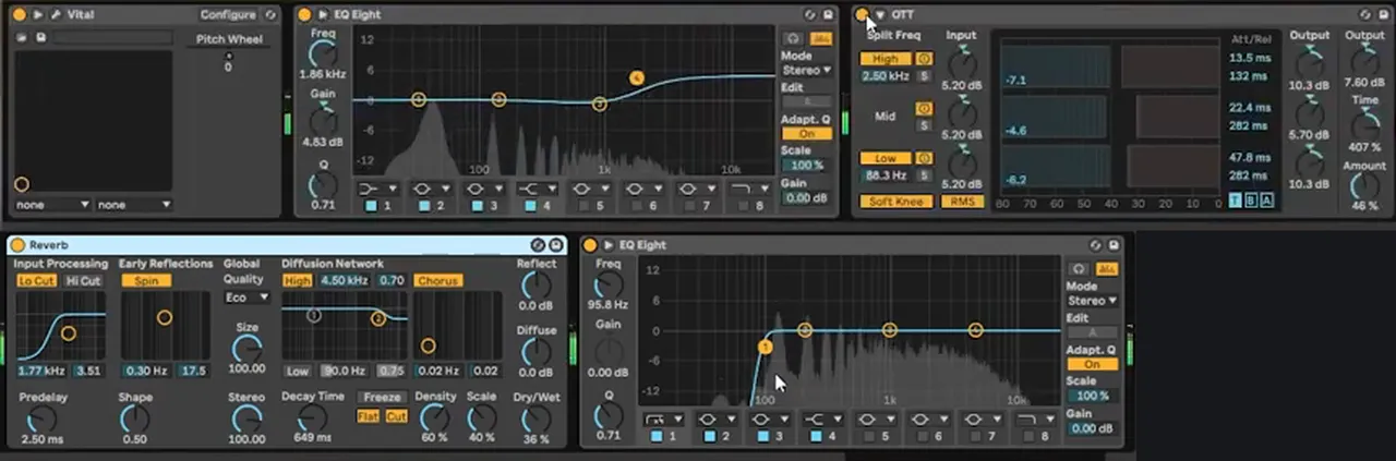 Ableton Live post-processing for a Mefjus-style Vital bass: EQ Eight high shelf at 1.86 kHz plus 4.83 dB, OTT at 46 percent, Reverb with 649 ms decay at 36 percent dry wet, and EQ Eight low cut at 95.8 Hz