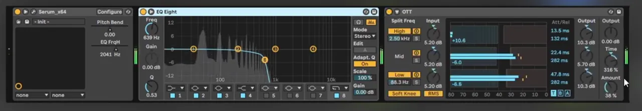 Ableton EQ Eight and OTT at 38 percent amount on the finished liquid bass