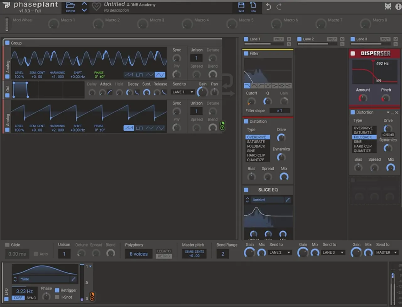 Phase Plant chain for a deep minimal bass: low-pass filter, Overdrive distortion and Slice EQ in lane 1, then a Disperser at 492 Hz and a Foldback distortion