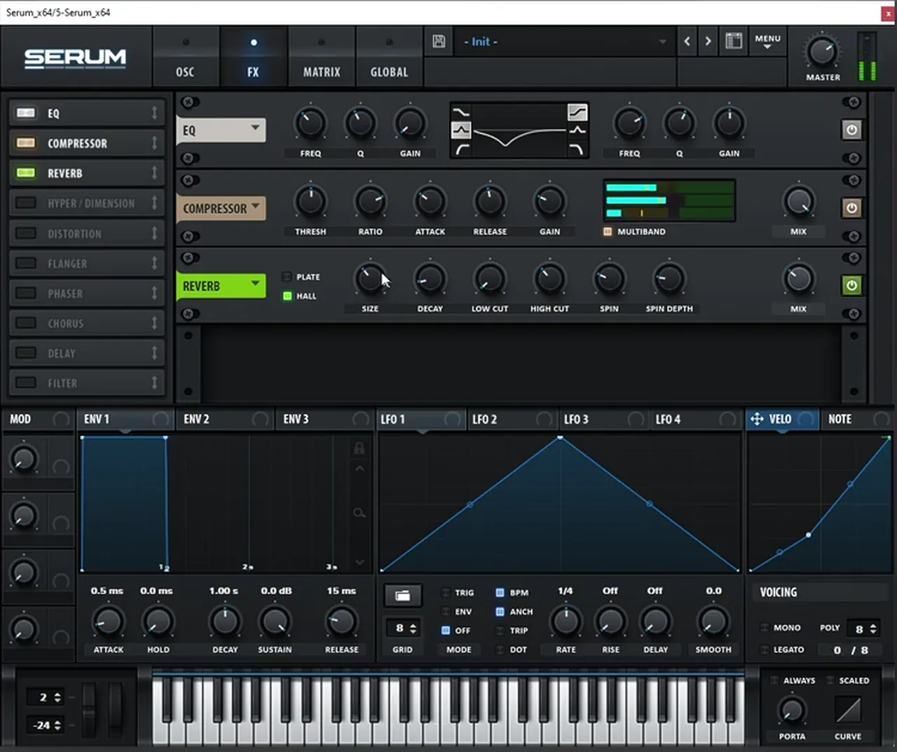 Serum effects chain of EQ, multiband compressor and Hall reverb on a simple saw lead in the style of No Tomorrow
