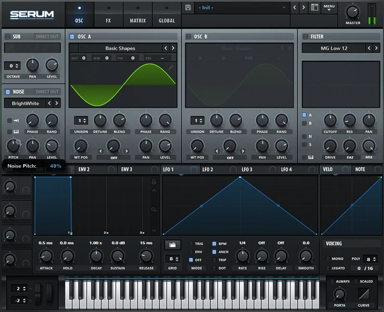 Serum oscillator A with a Basic Shapes sine and the noise oscillator on the BrightWhite sample, the noise layer of a noise hit like Buunshin Acolyte