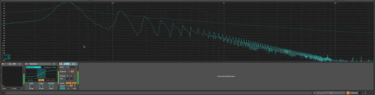 Spectrum analyser showing harmonics added to a DnB sine sub by Ableton Saturator in Bass Shaper mode