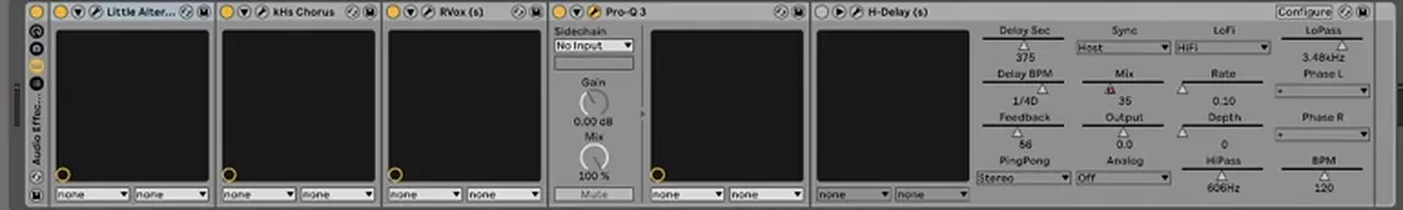 Ableton Live vocal chain for a liquid DnB vocal sample: Little AlterBoy, Kilohearts Chorus, RVox, Pro-Q 3 and H-Delay set to 1/4D with feedback 56, mix 35, high-pass 606 Hz and low-pass 3.48 kHz